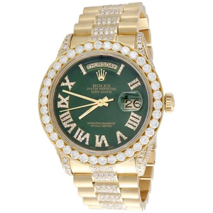18K Gold 36mm Rolex President Day-Date 18038 Diamond Watch Green Dial 10.27 CT. - Picture 1 of 10