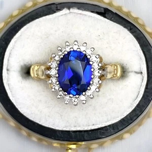 Real Diamond Halo Ring Fabulous Synthetic Sapphire 3.37 grams Size L - Picture 1 of 4