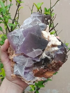 Muestra mineral de cristal de fluorita cúbica natural rara de 2470 g con tonos púrpuras - Imagen 1 de 21