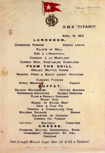 WHITE STAR LINE RMS TITANIC Survivors Menú 14 de abril de 1912 - reimpreso - Imagen 1 de 1