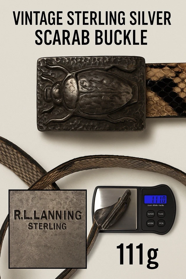 Cinturón de plata esterlina con hebilla de escarabajo sello R L cinturón texturizado de cuero talla 45 Foto 1 de 4