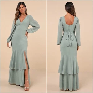 Lulus Tier Elegance Tiered Maxi Dress Large Sage Green Chiffon Long Sleeve *FLAW - Picture 1 of 12