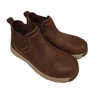 CAROLINA MEN'S BROWN LEATHER STEEL TOE WORK SLIP-ON ANKLE BOOTS  Size 8D CA5574  - Picture 1 of 17