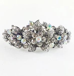 USA BARRETTE Rhinestone Crystal Hairpin Clip Metal Vintage Elegant Silver 03 - Picture 1 of 6