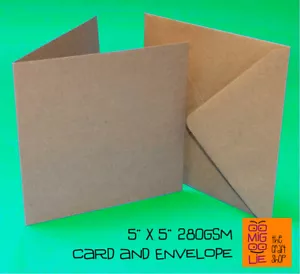 5" x 5" Kraft Brown Card Blanks with Envelopes Square Smooth Edge Hobby Craft - Picture 1 of 1