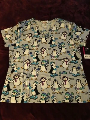NWT SCRUB STAR UNIFORM SCRUB TOP SIZE LARGE CHRISTMAS PENGUINS - Image 1 of 4