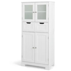 Bathroom Floor Storage Cabinet Kitchen Cupboard w/ 2 Drawers & Glass Doors White - Picture 1 of 10