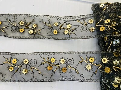 2 Yards Gold Sequins & Beads Ribbon Border Trim/Black Tulle Base/Sewing/2" Wide - Image 1 of 4