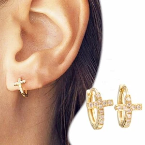 Pendientes minimalistas de aro cruzado de diamantes genuinos de 0,18 quilates de oro de 14 quilates joyería fina - Imagen 1 de 6