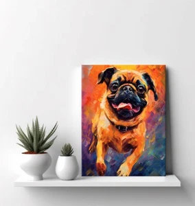 Pug Dog Animal Canvas Print | Gift For Pug Dog Lover | Colourful Dog Portrait - Picture 1 of 9