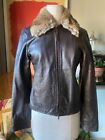 Sisley Brown Leather Jacket With Removable Fur Collar Xs   Excellent Condition