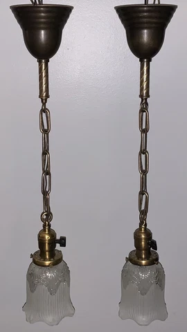 Pair Brass Pendant Light Fixtures Antique Shades 25” long rewired 122D Cover