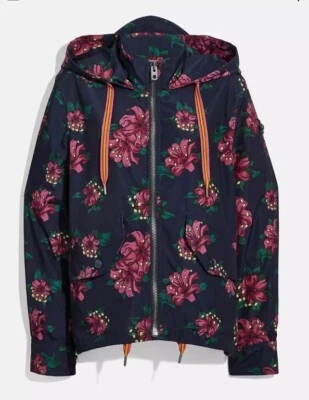 Chaqueta cortavientos con capucha Coach Hawaiian Lily azul/púrpura estilo F29072 talla M Foto 1 de 4