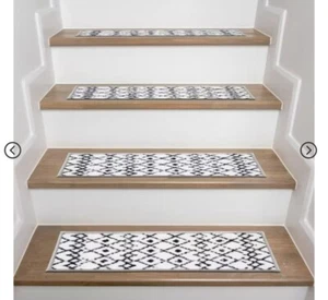 Set Of 12 Stair Runners Geometric Design Black & White/Cream - Picture 1 of 5