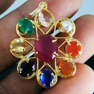 Navratna Gemstone Pendant – 9 Planet Healing Stones Handmade Gold Plated Jewelry - Picture 1 of 7