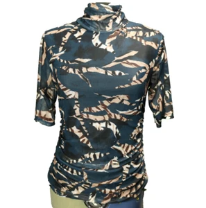 Cable & Gauge Mesh Ruched Mock Neck Short Sleeve Animal Print Top Lined Blue M - Picture 1 of 24
