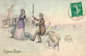 Feliz Pascua Viena Estilo Familia Cómic Oveja Carnero Postal De Colección 03.34 - Imagen 1 de 2