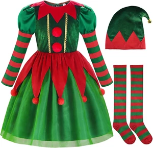 Elf Costume for Kids Santa Little Helper Kids Christmas Elf Dress Suit for Girls - Picture 1 of 7