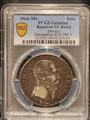 1866-Mo 1 Peso México Como Nuevo PCGS Genuino-XF Detalle Emperador Maximiliano KM-388.1 Foto 1 de 4