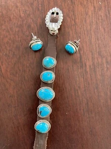 HENRY MORGAN NAVAJO AAAAA KINGMAN TURQUOISE CONCHO BRACELET AND EARRINGS SET - Picture 1 of 16