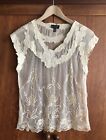 Topshop Sheer Top Size 8 Cream Floral Embroidered Netting Scalloped Edge V-Neck