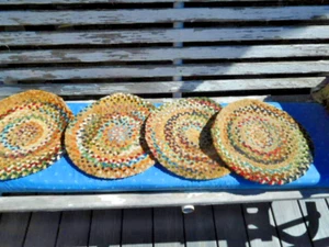 4 Vtg Chenille Chair Pads 14" Woven Braided Multicolor Round Handmade~FREESHIP - Picture 1 of 9