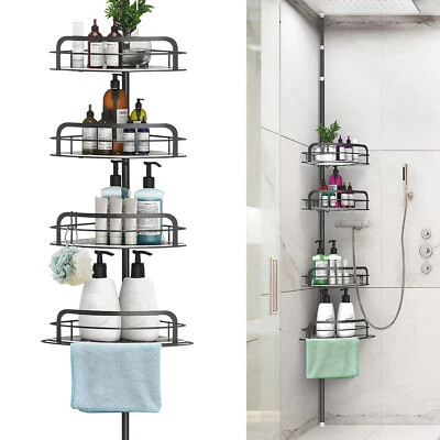 Organizador de banheiro 4 camadas canto chuveiro caddy poste de tensão aço carbono à prova de ferrugem - Imagem 1 de 4