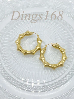 Серьги-кольца из 18-каратного желтого золота толщиной 1,5 дюйма 5 мм среднего размера с бамбуковым соединением - Изображение 1 из 2