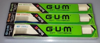 GUM BUTLER 软牙刷 全新 NOS 美国 - 3 种尺寸,颜色 黑色、蓝色、黄色 — 第 1/4 张图片