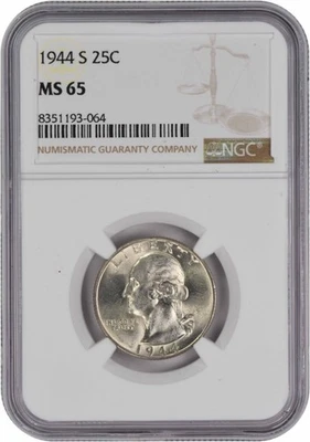 Moeda de 25 centavos de prata 1944-S Washington MS65 NGC - Imagem 1 de 2
