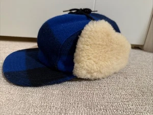 Vtg Filson Double Mackinaw Wool Trapper Cap Blue Buffalo Plaid USA Made - LARGE - Picture 1 of 11