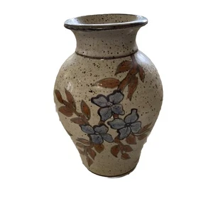 Jarrón vintage de cerámica López esmalte floral moteado firmado 8 beige tostado azul marrón - Imagen 1 de 9