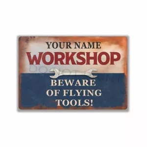 Personalized Rustic Blue and White Workshop Vintage METAL SIGN or DECAL - Picture 1 of 10