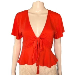 FREE PEOPLE We The Free XS CropTop Knot Me Tie Front Flutter plunge Orange Beach - Picture 1 of 15