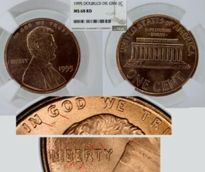 1995 Doubled Die Obverse Lincoln Memorial Cent NGC MS 68 RD Double Error DDO 1c - Picture 1 of 3