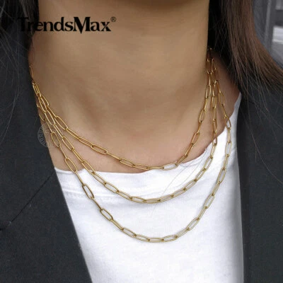 Set of 3Pcs Gold Plated Stainless Steel Paperclip Link Choker Necklace 16/18/20" - Image 1 of 4