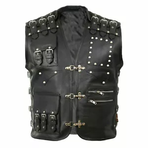 Mens Leather Waistcoat / Biker Vest Braided Fish Hook Buckle Motorcycle Rider - Picture 1 of 3