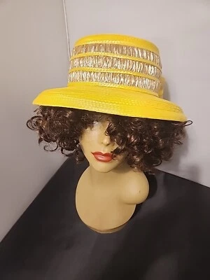 De colección Deborah Nueva York Amarillo Paja Fedora Sombrero Oro Banda 7.5" Arco Dorado Talla S Foto 1 de 4