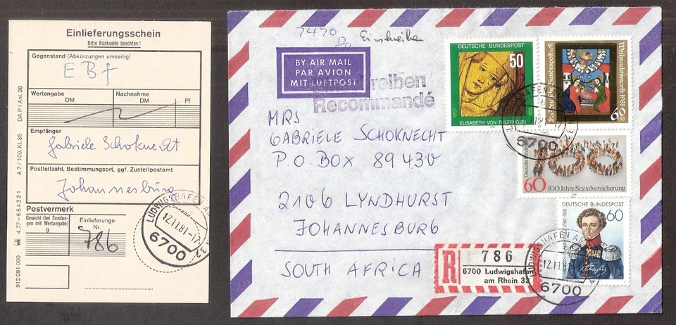 Ludwigshafen a. Rh. 12. 11. 1981 Einschreiben mit Ersttag Mi. Nr. 1113 bis 1116 - Bild 1 von 2