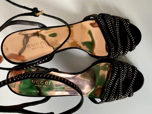 Luxus Damen GUCCI Sandalen Gr. 39,5 39 1/5 Absatz Schwarz Strass Party - Bild 1 von 13