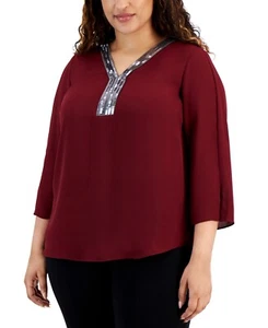 Jm Collection Plus Size Sequined-Neck 3/4-Sleeve Top 2X Dark Rust - Picture 1 of 3
