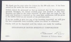 Vintage Indianapolis Motor Speedway Corp 500 Ticket Order Confirmation Postcard - Picture 1 of 4