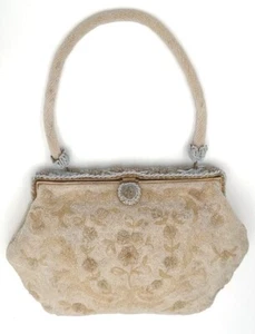 VTG JOSEF FRANCE Hand Made Floral  Micro GLASS BEAD Bag PURSE  Bridal SIGNED - Picture 1 of 14
