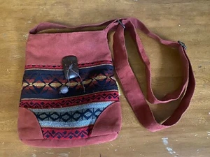 RUKURAY CROSSBODY SHOULDER BAG Red Orange Suede Tribal Design Ecuador 9"x 9.75" - Picture 1 of 8