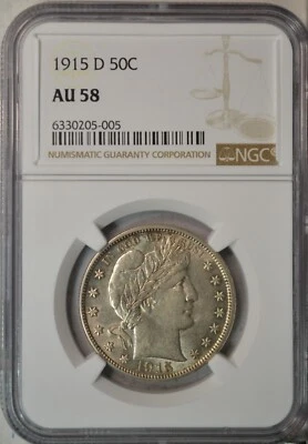 Medio dólar barbero 1915 D, NGC AU58 Foto 1 de 3