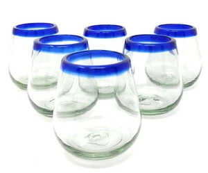 Hand Blown Mexican Stemless Wine Glasses - Set of 6 Glasses w/ Blue Rims (15oz) - Picture 1 of 9