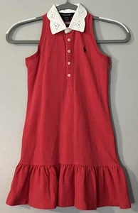 Polo Ralph Lauren Girls Sleeveless Polo Dress Eyelet Collar Red Kids Size 8-10 - Picture 1 of 6