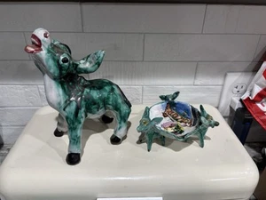 Plato de baratija burro azul cerámica italiana de colección: cenicero + figura firmada a mano Ptd - Imagen 1 de 9