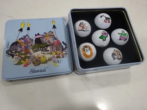 Vtg B. Kliban Cat Designs Hula Sneakers Sashimi Golf Ball Set of 6 In Hawaii Tin - Picture 1 of 8
