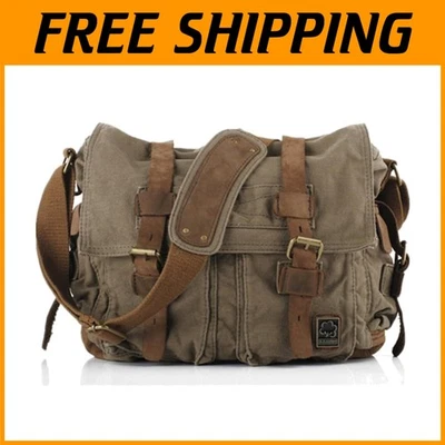 Bolso para portátil vintage militar de lona de cuero 15" Foto 1 de 4